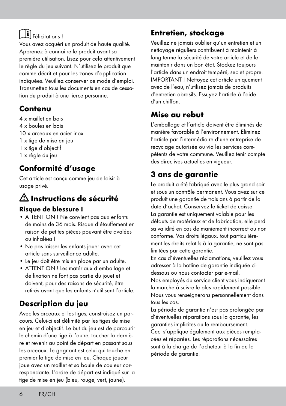 Entretien, stockage, Mise au rebut, 3 ans de garantie | Contenu, Conformité d’usage, Instructions de sécurité, Description du jeu | Playtive CROQUET SET User Manual | Page 6 / 16