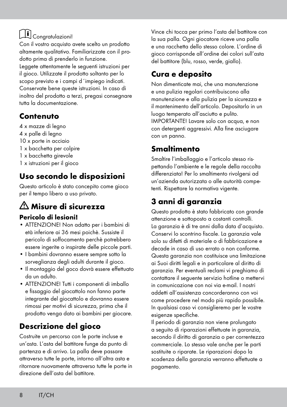 Contenuto, Uso secondo le disposizioni, Misure di sicurezza | Descrizione del gioco, Cura e deposito, Smaltimento, 3 anni di garanzia | Playtive CROQUET SET User Manual | Page 8 / 16