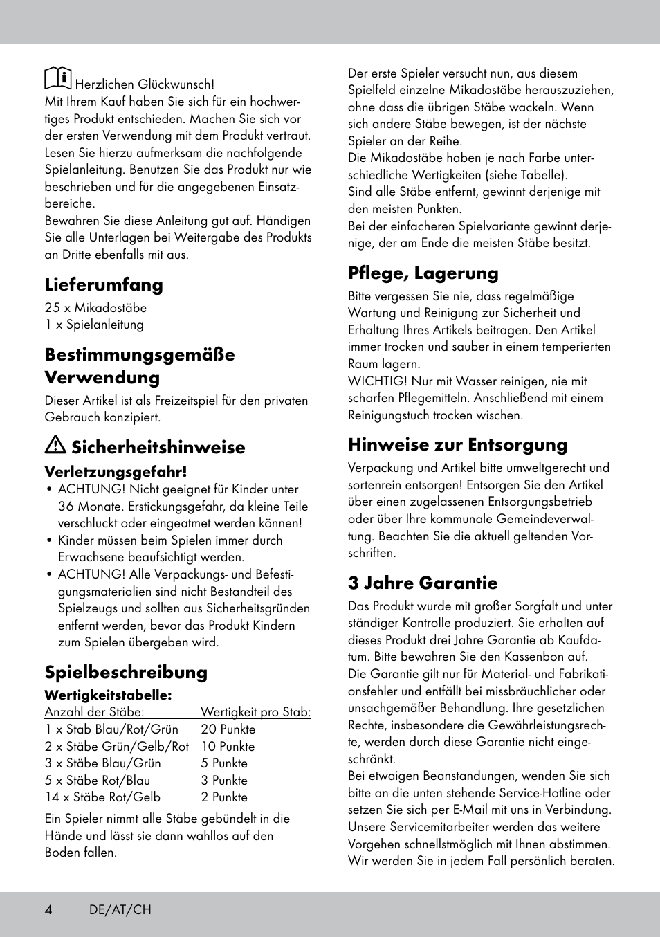 Lieferumfang, Bestimmungsgemäße verwendung, Sicherheitshinweise | Spielbeschreibung, Pflege, lagerung, Hinweise zur entsorgung, 3 jahre garantie | Playtive GIANT PICK-UP STICKS User Manual | Page 4 / 16