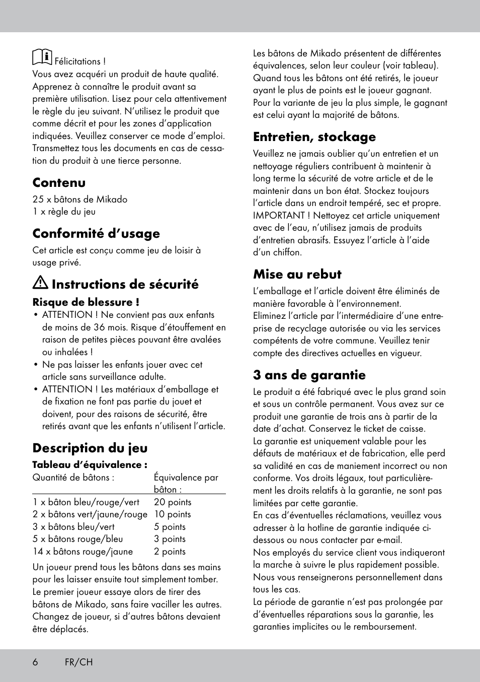 Entretien, stockage, Mise au rebut, 3 ans de garantie | Contenu, Conformité d’usage, Instructions de sécurité, Description du jeu | Playtive GIANT PICK-UP STICKS User Manual | Page 6 / 16