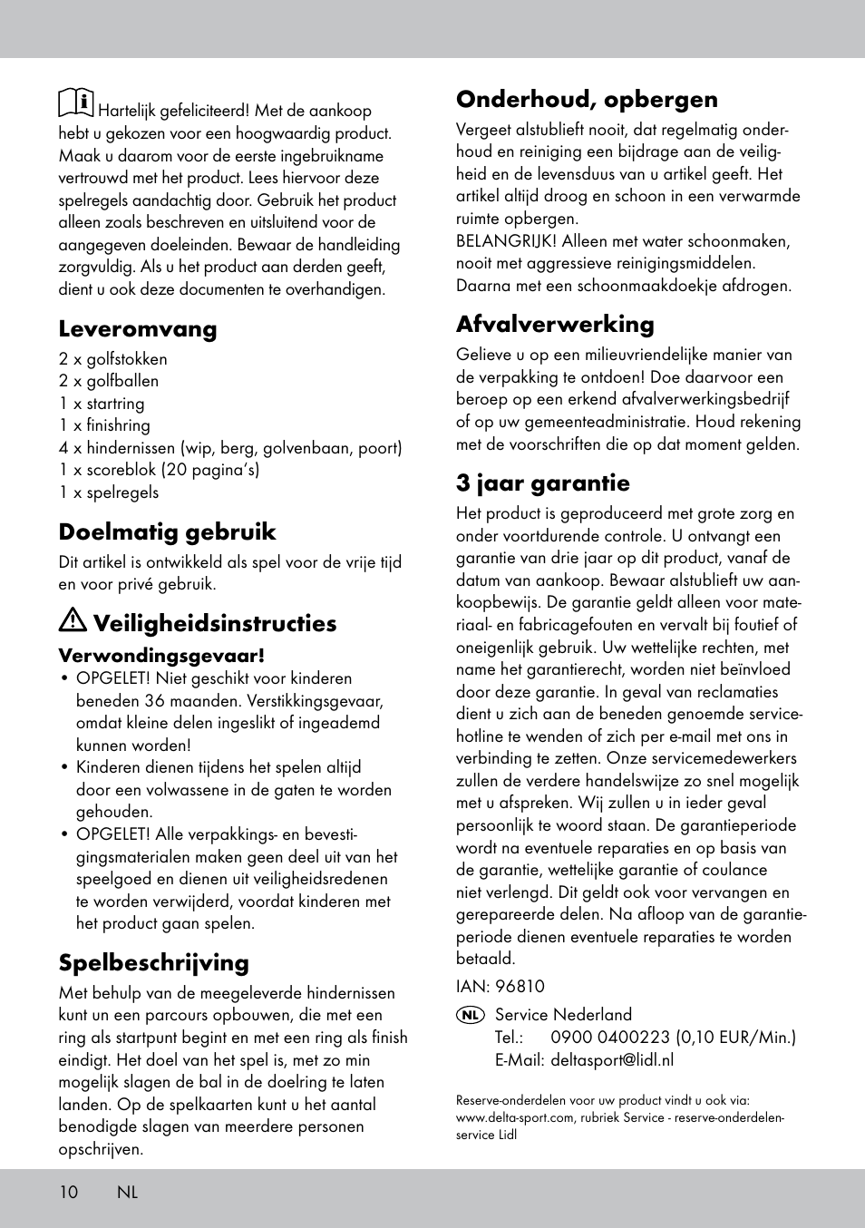 Onderhoud, opbergen, Afvalverwerking, 3 jaar garantie | Leveromvang, Doelmatig gebruik, Veiligheidsinstructies, Spelbeschrijving | Playtive MINI GOLF SET User Manual | Page 10 / 12