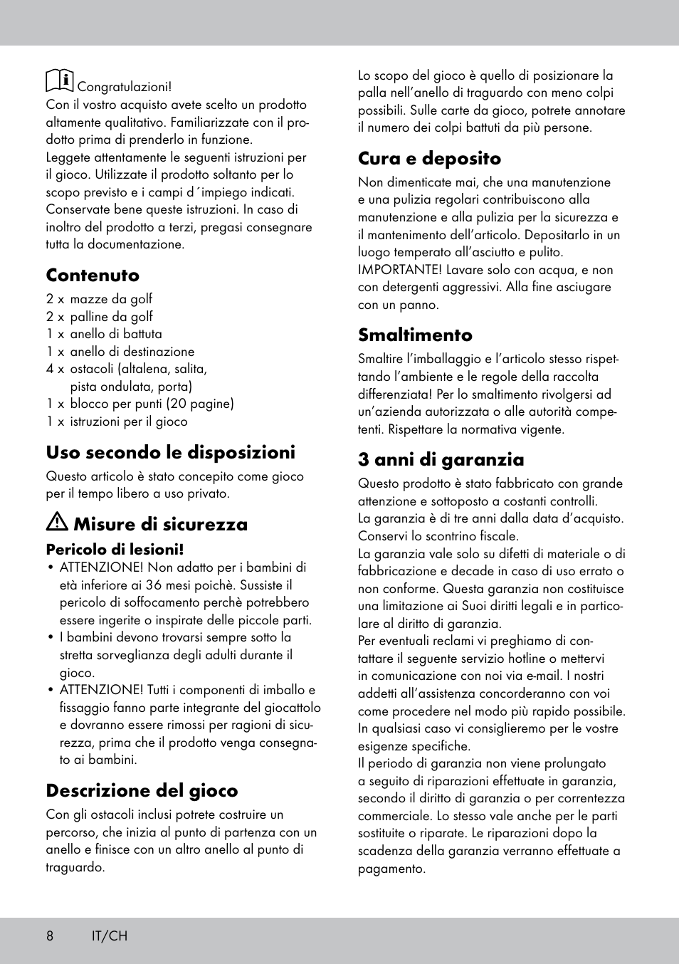 Contenuto, Uso secondo le disposizioni, Misure di sicurezza | Descrizione del gioco, Cura e deposito, Smaltimento, 3 anni di garanzia | Playtive MINI GOLF SET User Manual | Page 8 / 12