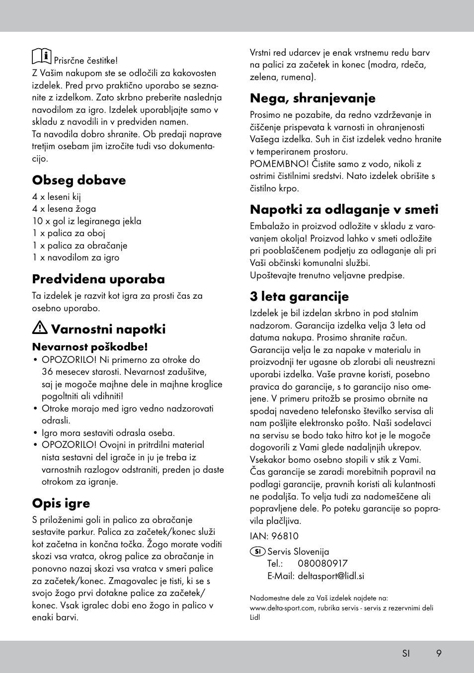 Obseg dobave, Predvidena uporaba, Varnostni napotki | Opis igre, Nega, shranjevanje, Napotki za odlaganje v smeti, 3 leta garancije | Playtive CROQUET SET User Manual | Page 9 / 16