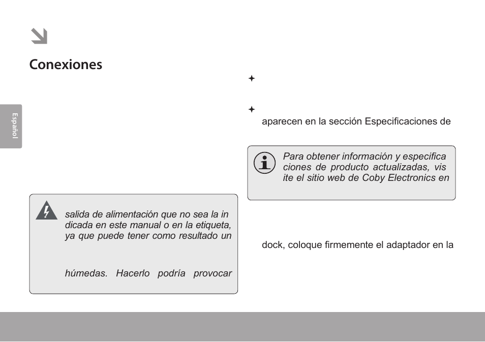Para empezar, Conexiones, Conectar la fuente de energía | Conectar un ipod® o iphone | COBY CSMP175 User Manual | Page 30 / 62