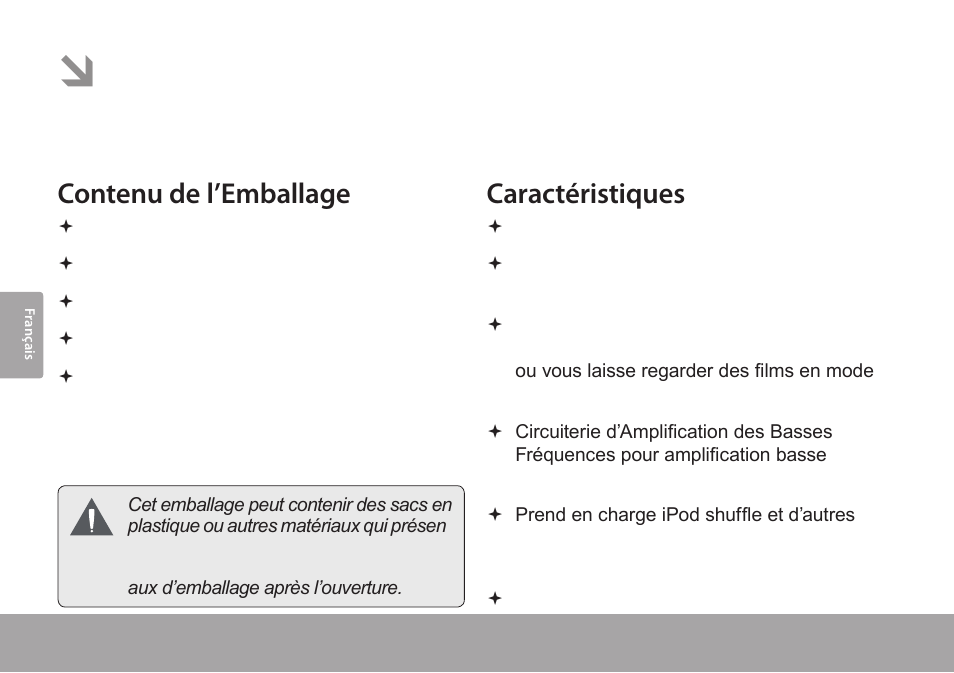 Merci, Contenu de l’emballage, Caractéristiques | COBY CSMP175 User Manual | Page 44 / 62