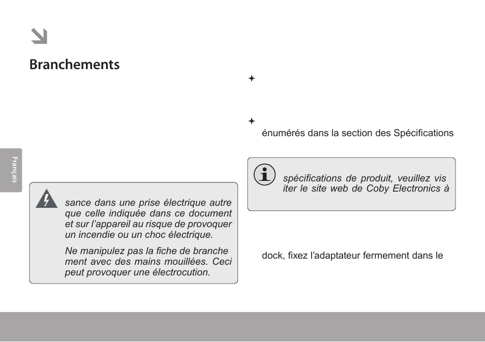 Pour démarrer, Branchements, Alimentation | Connexion d’un ipod® ou iphone | COBY CSMP175 User Manual | Page 50 / 62