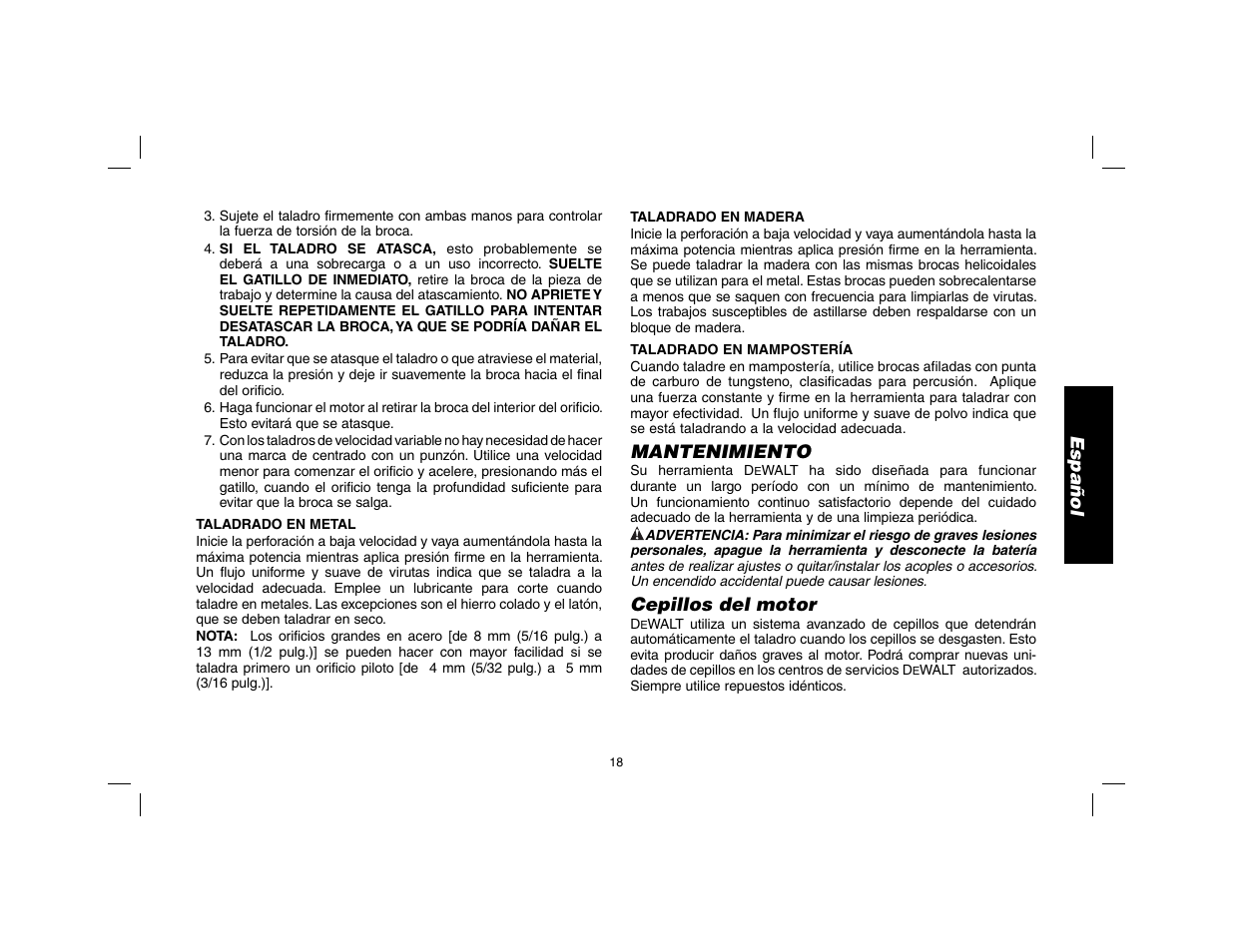 Español, Mantenimiento, Cepillos del motor | DeWalt DWD024 User Manual | Page 19 / 32