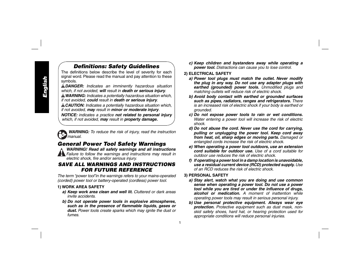 English definitions: safety guidelines, General power tool safety warnings | DeWalt DWD024 User Manual | Page 2 / 32