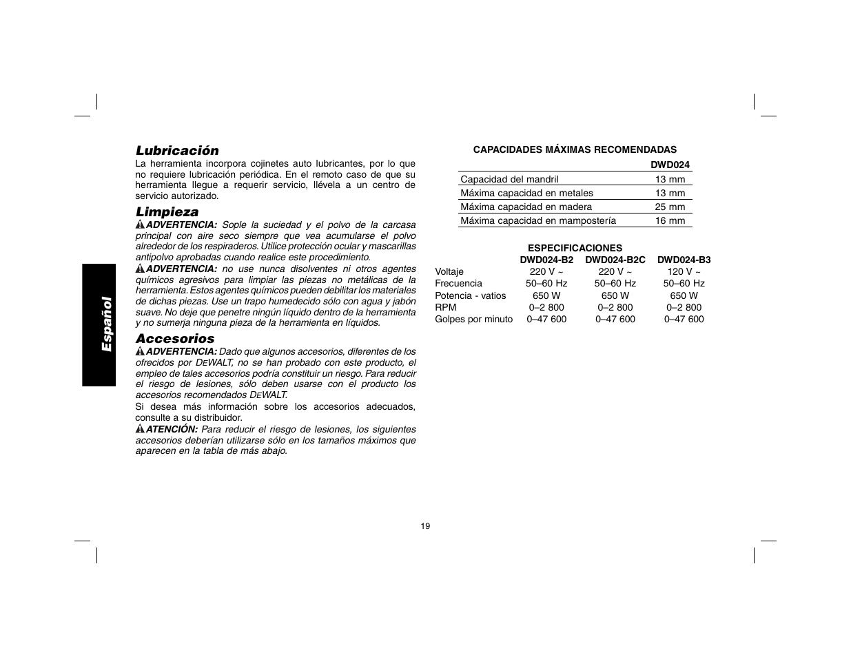 Español lubricación, Limpieza, Accesorios | DeWalt DWD024 User Manual | Page 20 / 32