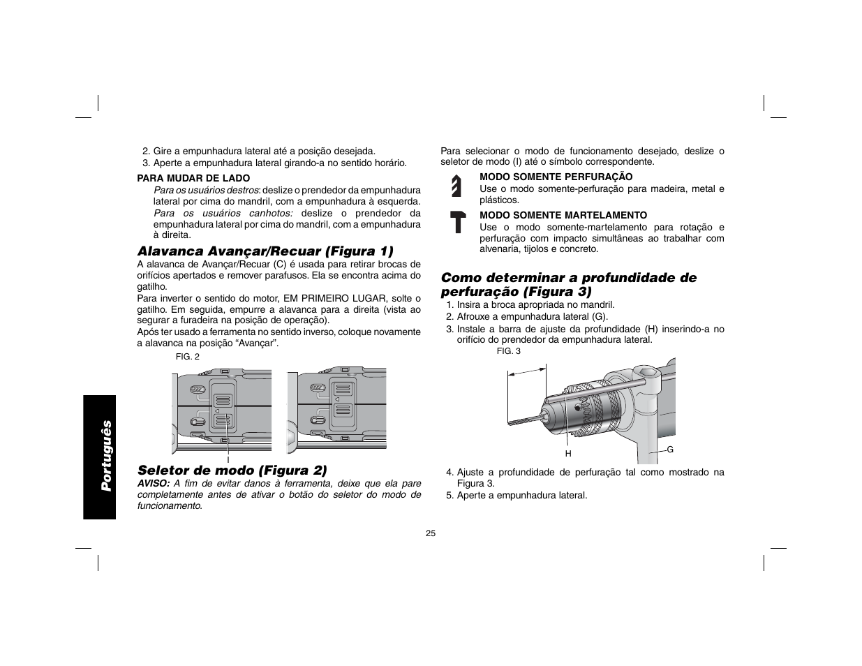 Por tuguês, Alavanca avançar/recuar (figura 1), Seletor de modo (figura 2) | DeWalt DWD024 User Manual | Page 26 / 32
