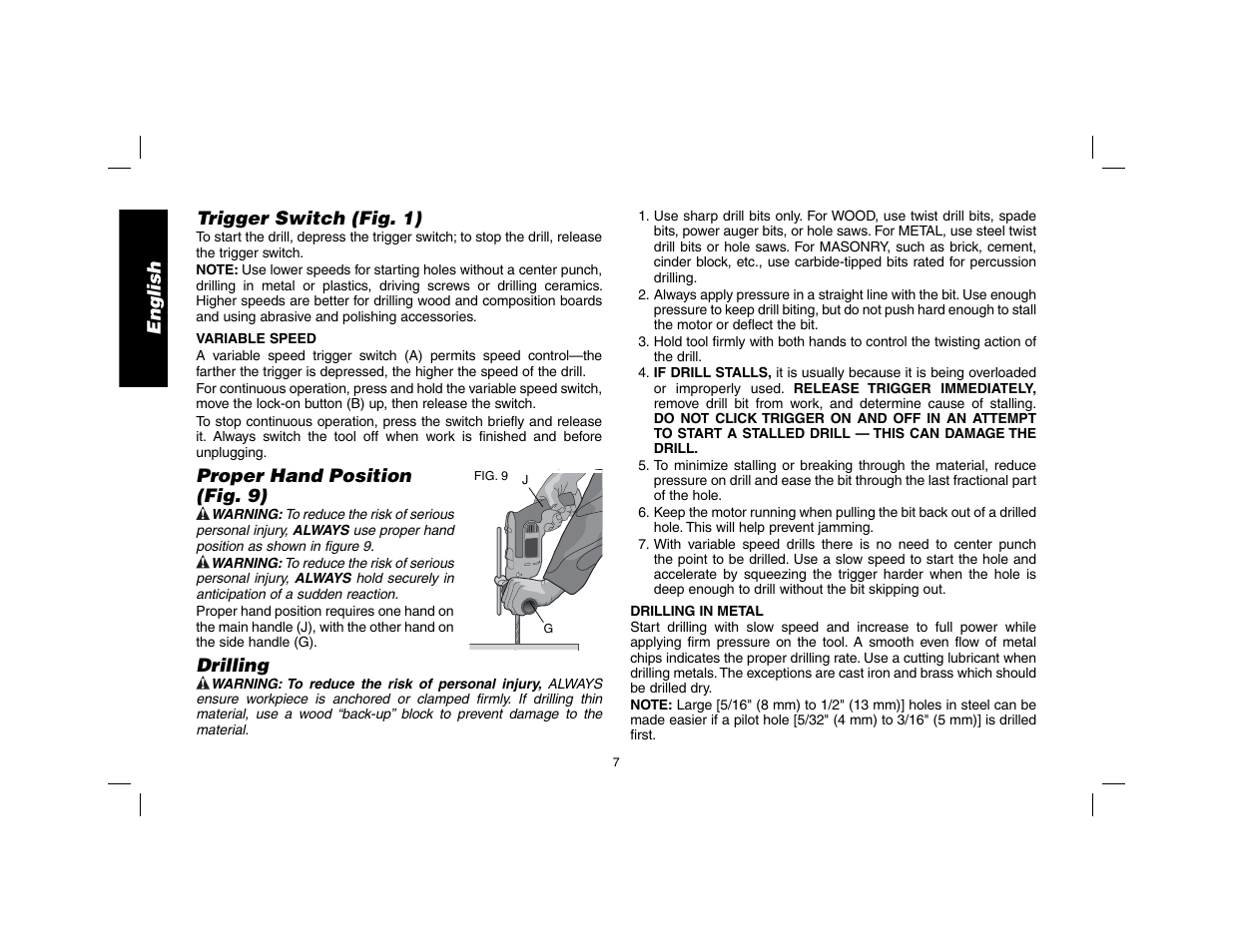 English trigger switch (fig. 1), Proper hand position, Fig. 9) | Drilling | DeWalt DWD024 User Manual | Page 8 / 32