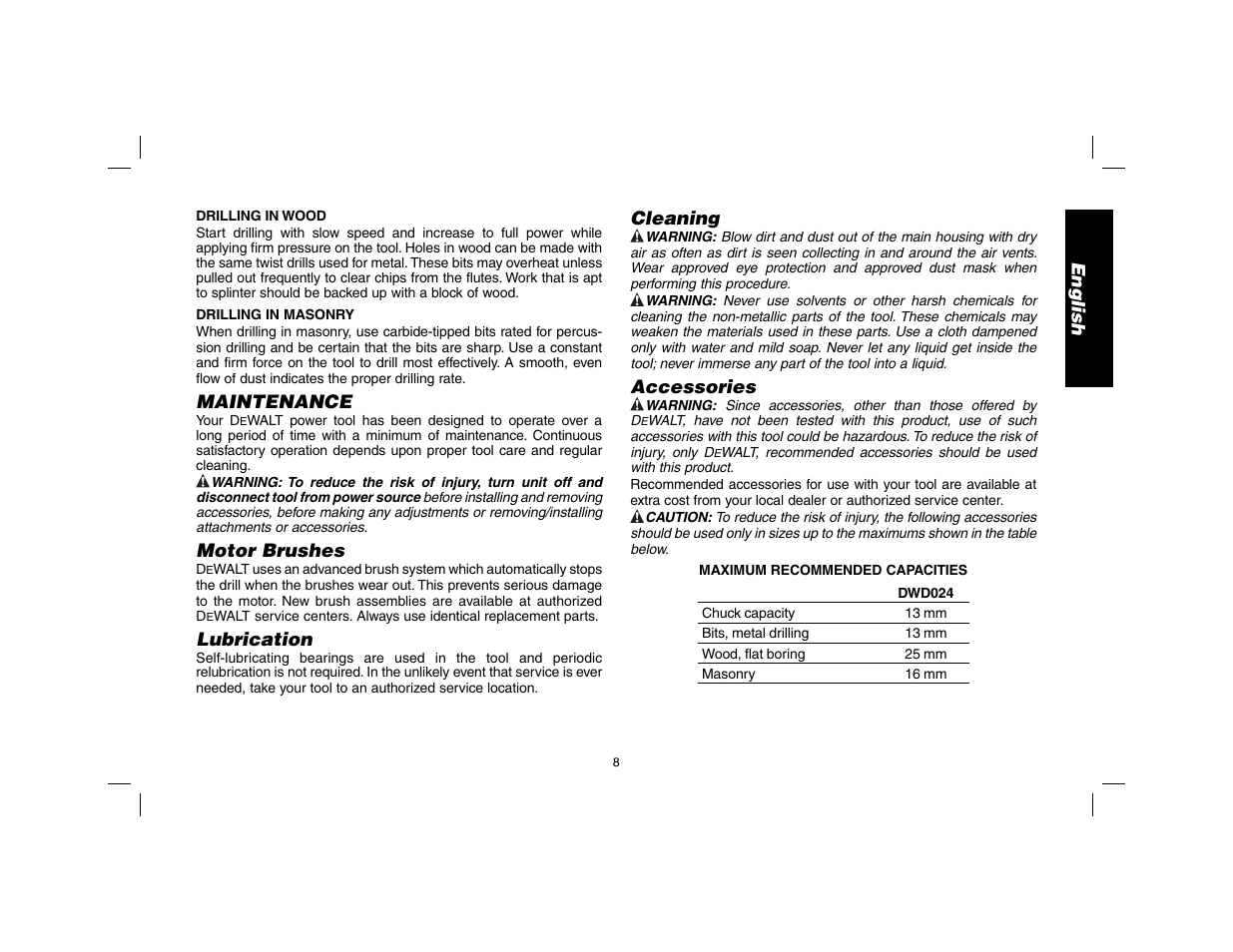 English, Maintenance, Motor brushes | Lubrication, Cleaning, Accessories | DeWalt DWD024 User Manual | Page 9 / 32