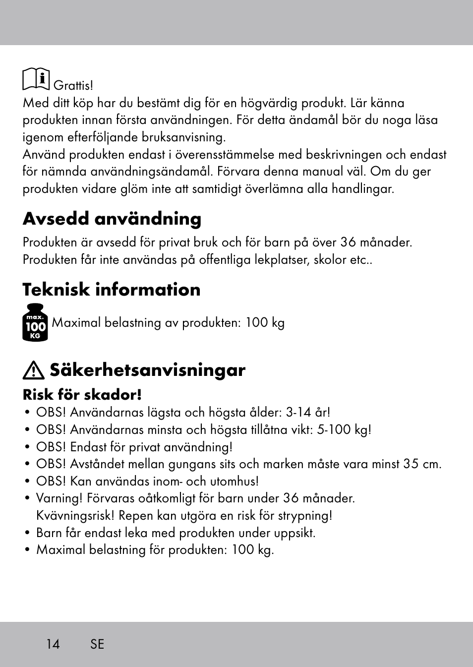 Avsedd användning, Teknisk information, Säkerhetsanvisningar | Playtive Swing Brettschaukel User Manual | Page 12 / 40