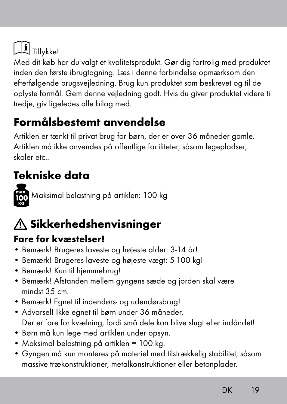 Formålsbestemt anvendelse, Tekniske data, Sikkerhedshenvisninger | Playtive Swing Brettschaukel User Manual | Page 17 / 40