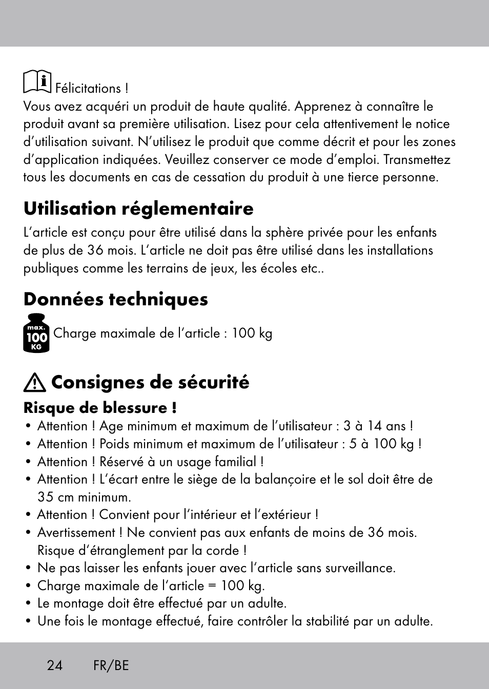 Utilisation réglementaire, Données techniques, Consignes de sécurité | Playtive Swing Brettschaukel User Manual | Page 22 / 40