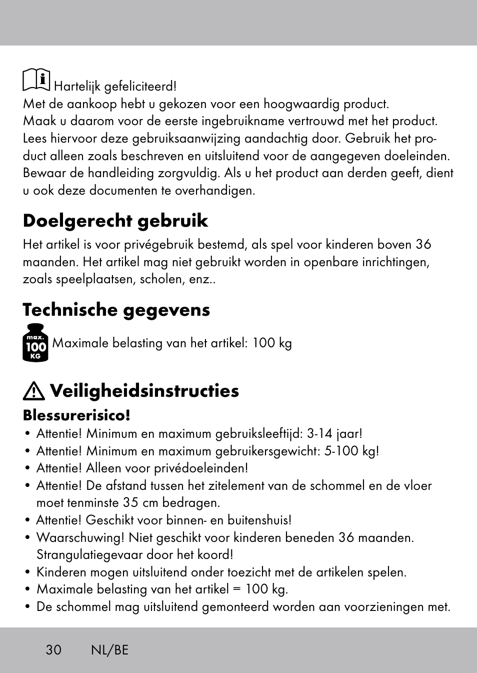 Doelgerecht gebruik, Technische gegevens, Veiligheidsinstructies | Playtive Swing Brettschaukel User Manual | Page 28 / 40