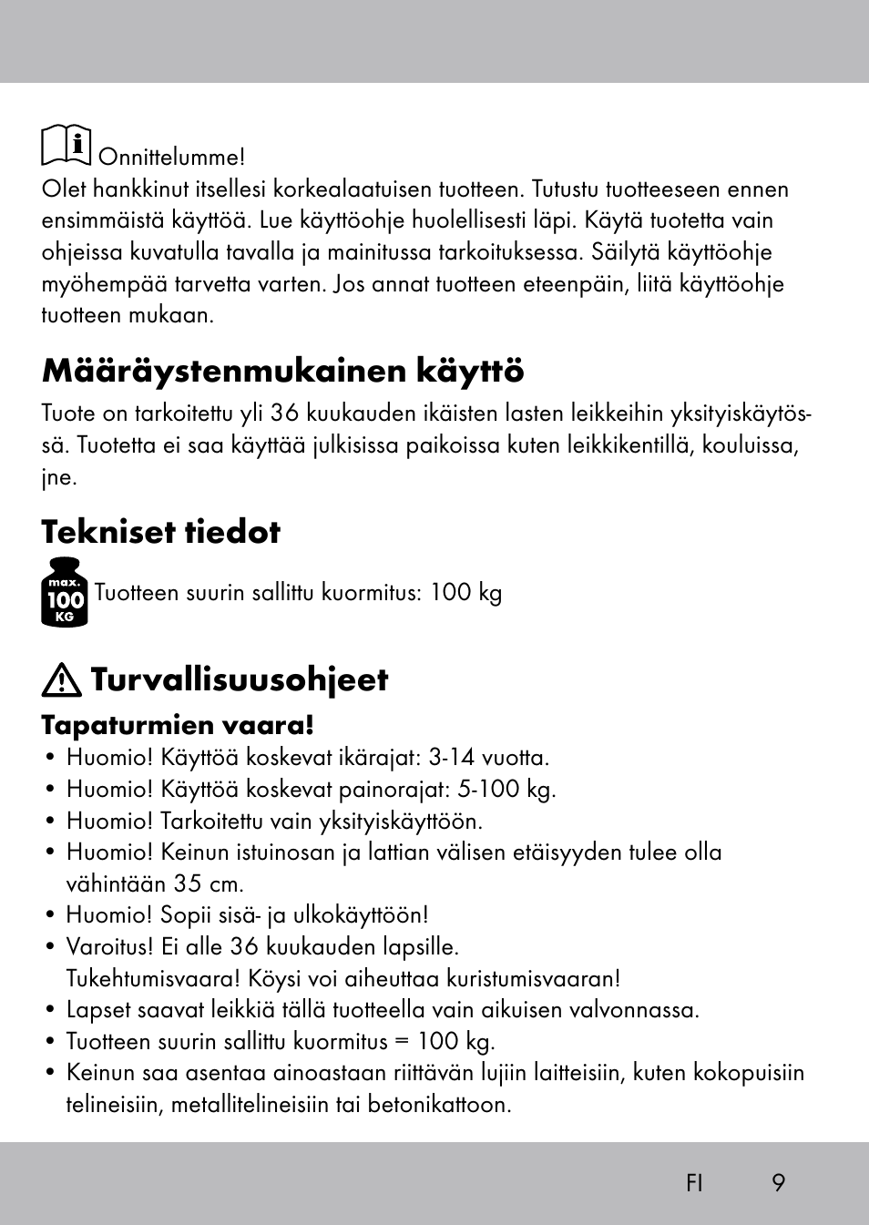 Määräystenmukainen käyttö, Tekniset tiedot, Turvallisuusohjeet | Playtive Swing Brettschaukel User Manual | Page 7 / 40