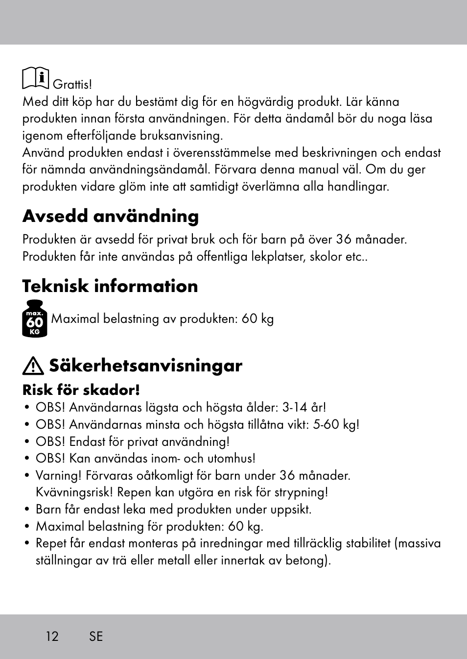 Avsedd användning, Teknisk information, Säkerhetsanvisningar | Playtive Swing Kletterseil User Manual | Page 10 / 32