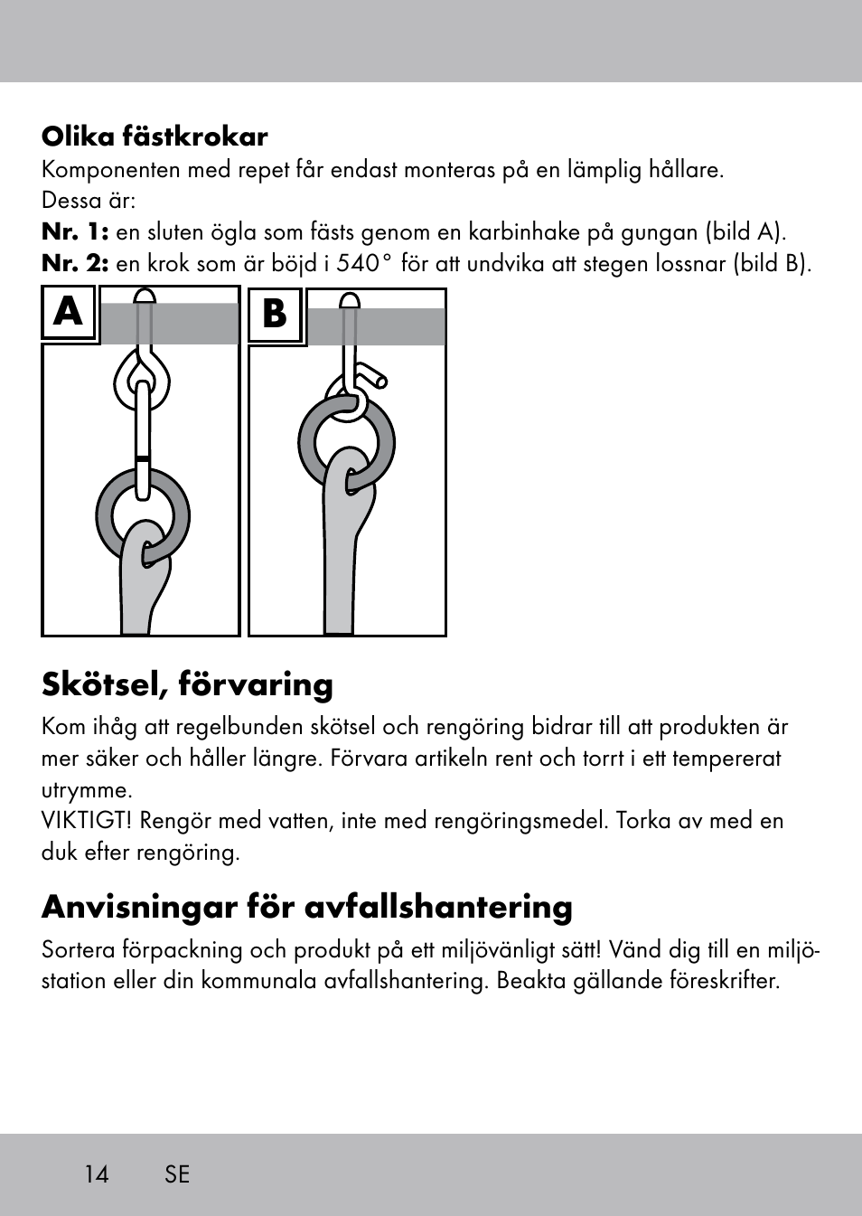 Skötsel, förvaring, Anvisningar för avfallshantering | Playtive Swing Kletterseil User Manual | Page 12 / 32