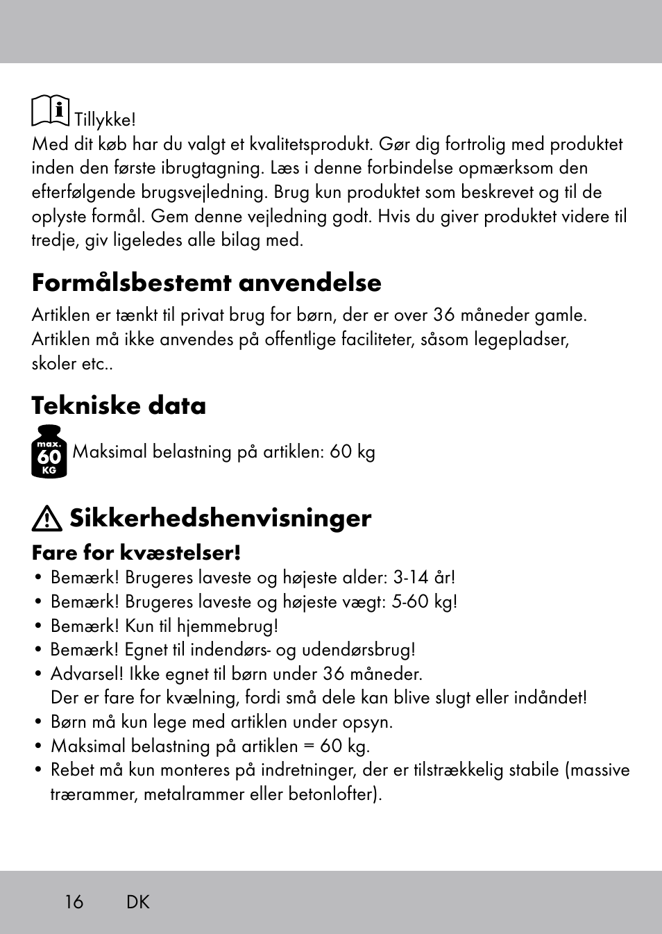 Formålsbestemt anvendelse, Tekniske data, Sikkerhedshenvisninger | Playtive Swing Kletterseil User Manual | Page 14 / 32