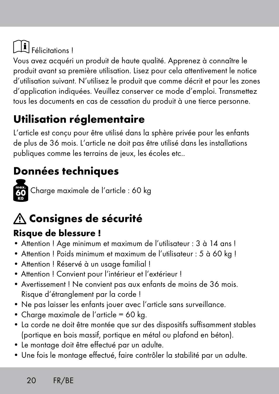 Utilisation réglementaire, Données techniques, Consignes de sécurité | Playtive Swing Kletterseil User Manual | Page 18 / 32