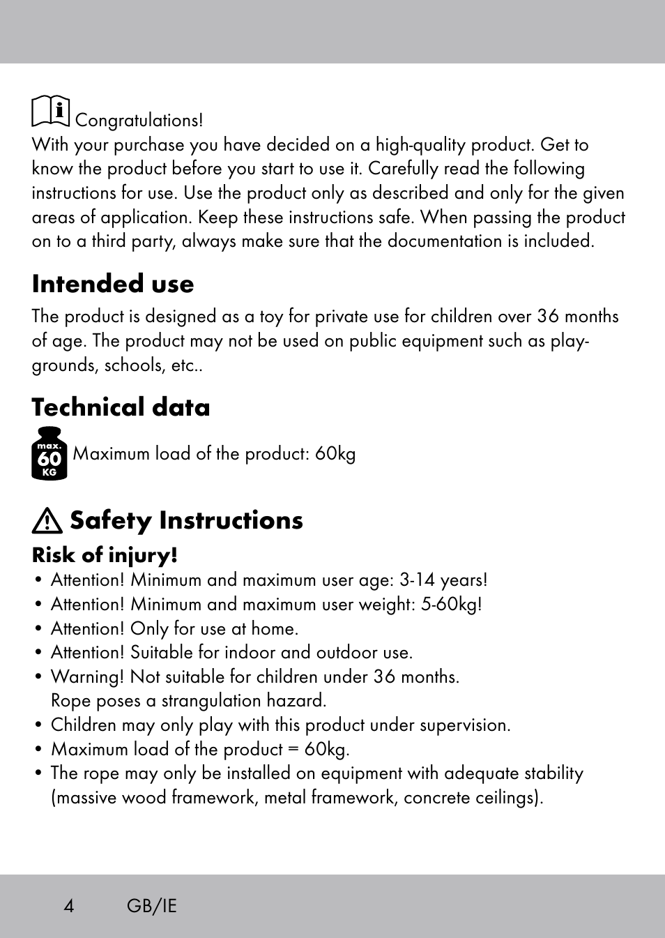 Intended use, Technical data, Safety instructions | Playtive Swing Kletterseil User Manual | Page 2 / 32