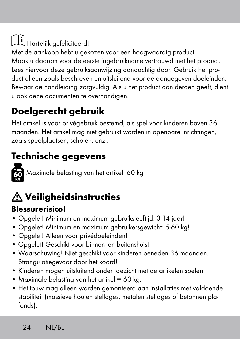 Doelgerecht gebruik, Technische gegevens, Veiligheidsinstructies | Playtive Swing Kletterseil User Manual | Page 22 / 32