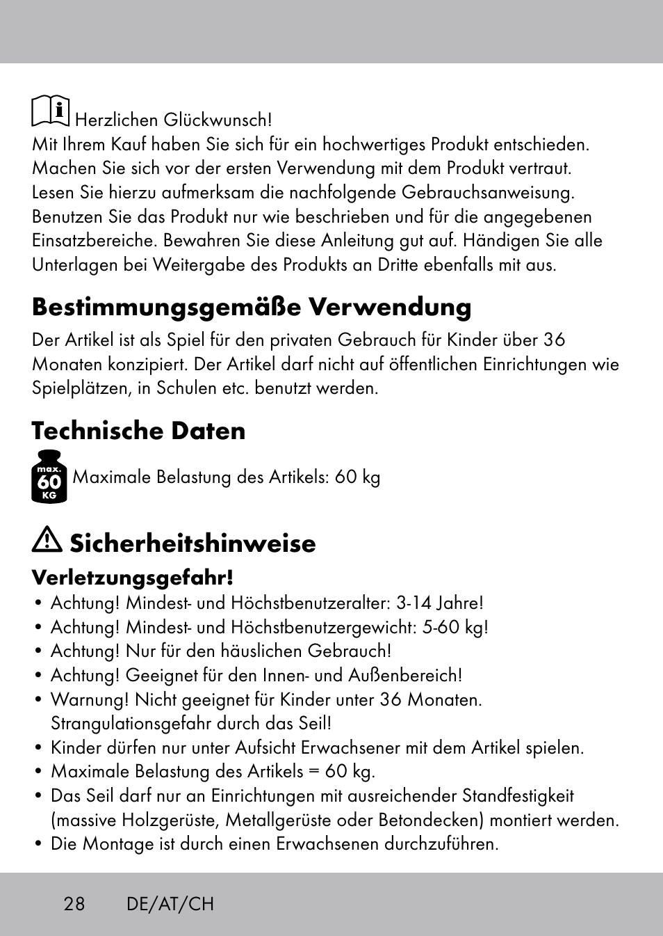 Bestimmungsgemäße verwendung, Technische daten, Sicherheitshinweise | Playtive Swing Kletterseil User Manual | Page 26 / 32