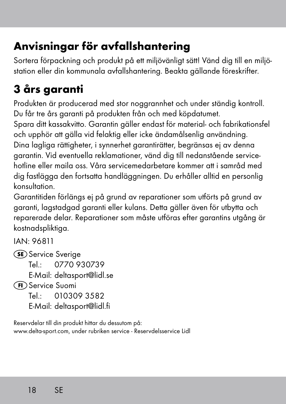 Anvisningar för avfallshantering, 3 års garanti | Playtive Swing Trapezschaukel User Manual | Page 16 / 40