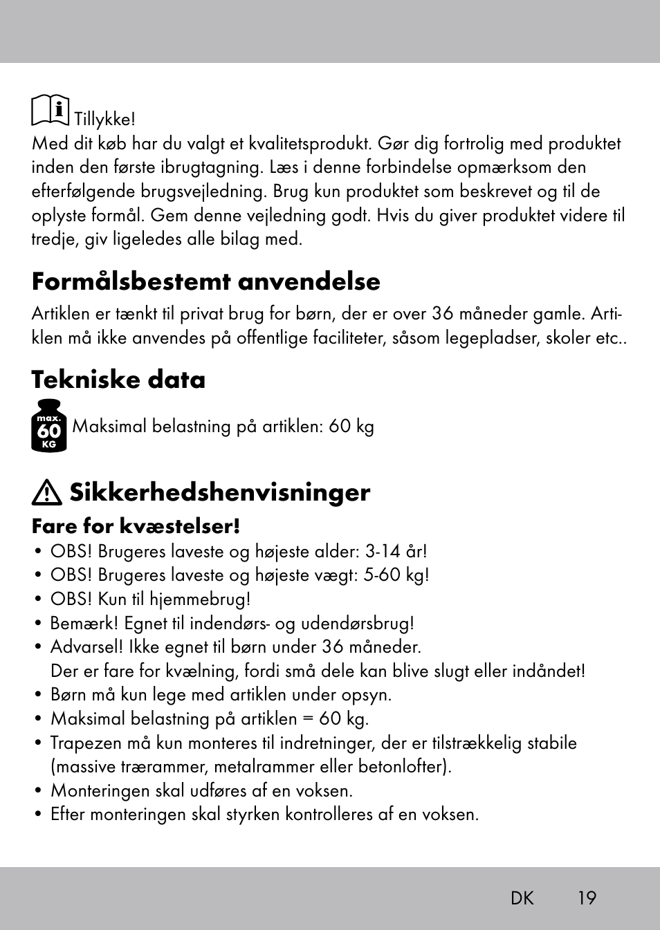 Formålsbestemt anvendelse, Tekniske data, Sikkerhedshenvisninger | Playtive Swing Trapezschaukel User Manual | Page 17 / 40