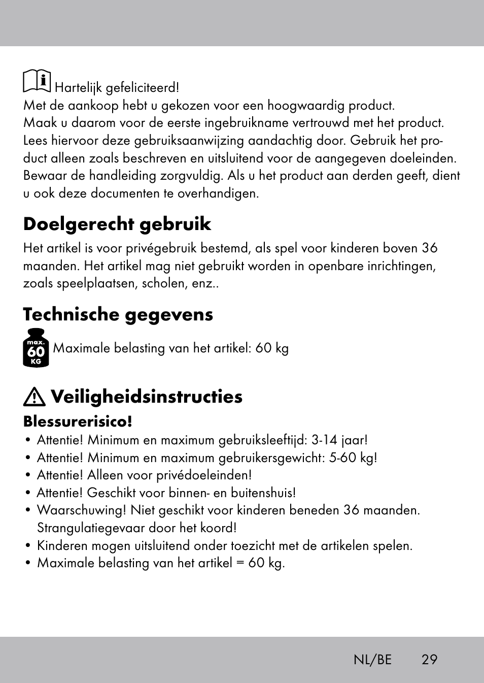 Doelgerecht gebruik, Technische gegevens, Veiligheidsinstructies | Playtive Swing Trapezschaukel User Manual | Page 27 / 40