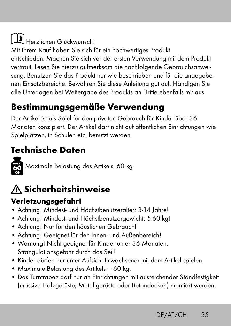 Bestimmungsgemäße verwendung, Technische daten, Sicherheitshinweise | Playtive Swing Trapezschaukel User Manual | Page 33 / 40