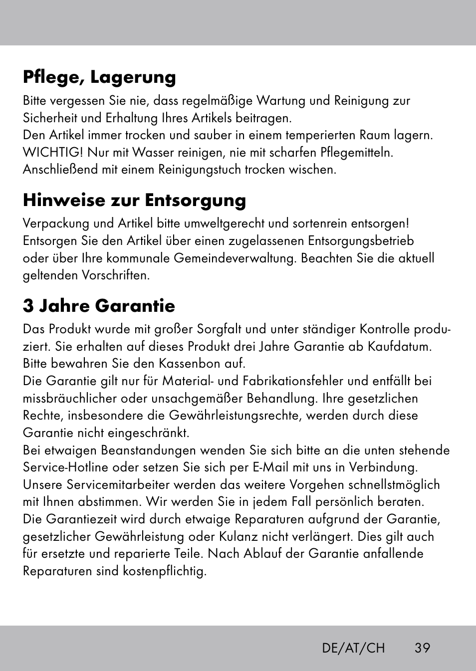 Pflege, lagerung, Hinweise zur entsorgung, 3 jahre garantie | Playtive Swing Trapezschaukel User Manual | Page 37 / 40