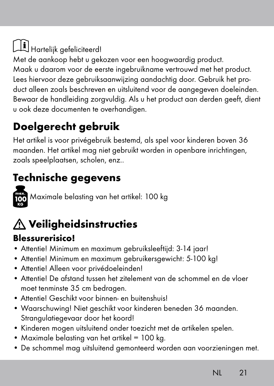 Doelgerecht gebruik, Technische gegevens, Veiligheidsinstructies | Playtive Swing Brettschaukel User Manual | Page 19 / 32