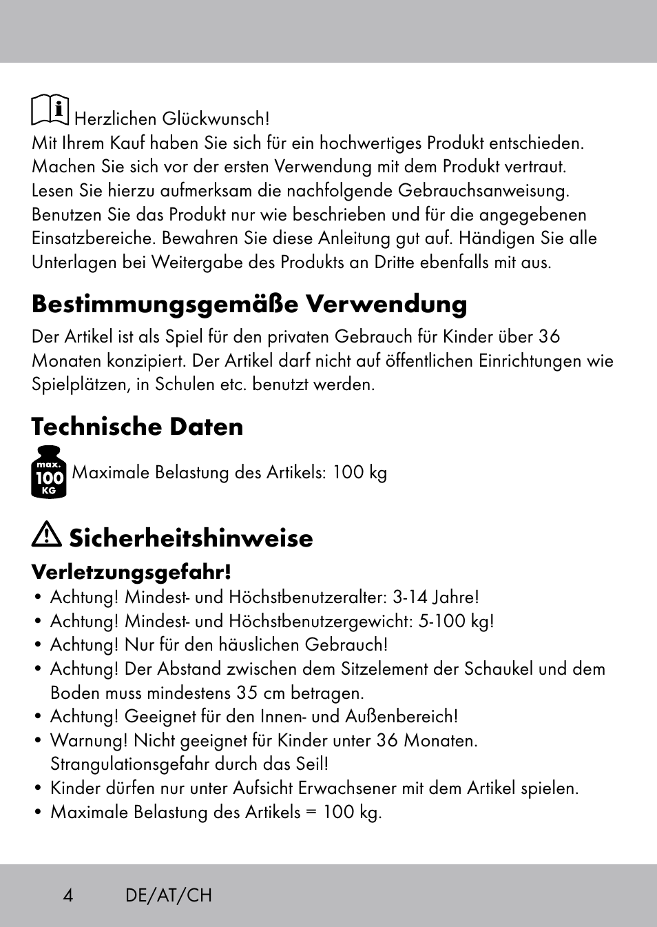 Bestimmungsgemäße verwendung, Technische daten, Sicherheitshinweise | Playtive Swing Brettschaukel User Manual | Page 2 / 32