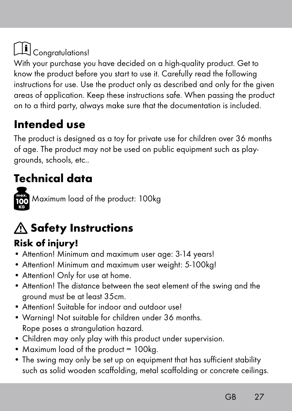 Intended use, Technical data, Safety instructions | Playtive Swing Brettschaukel User Manual | Page 25 / 32