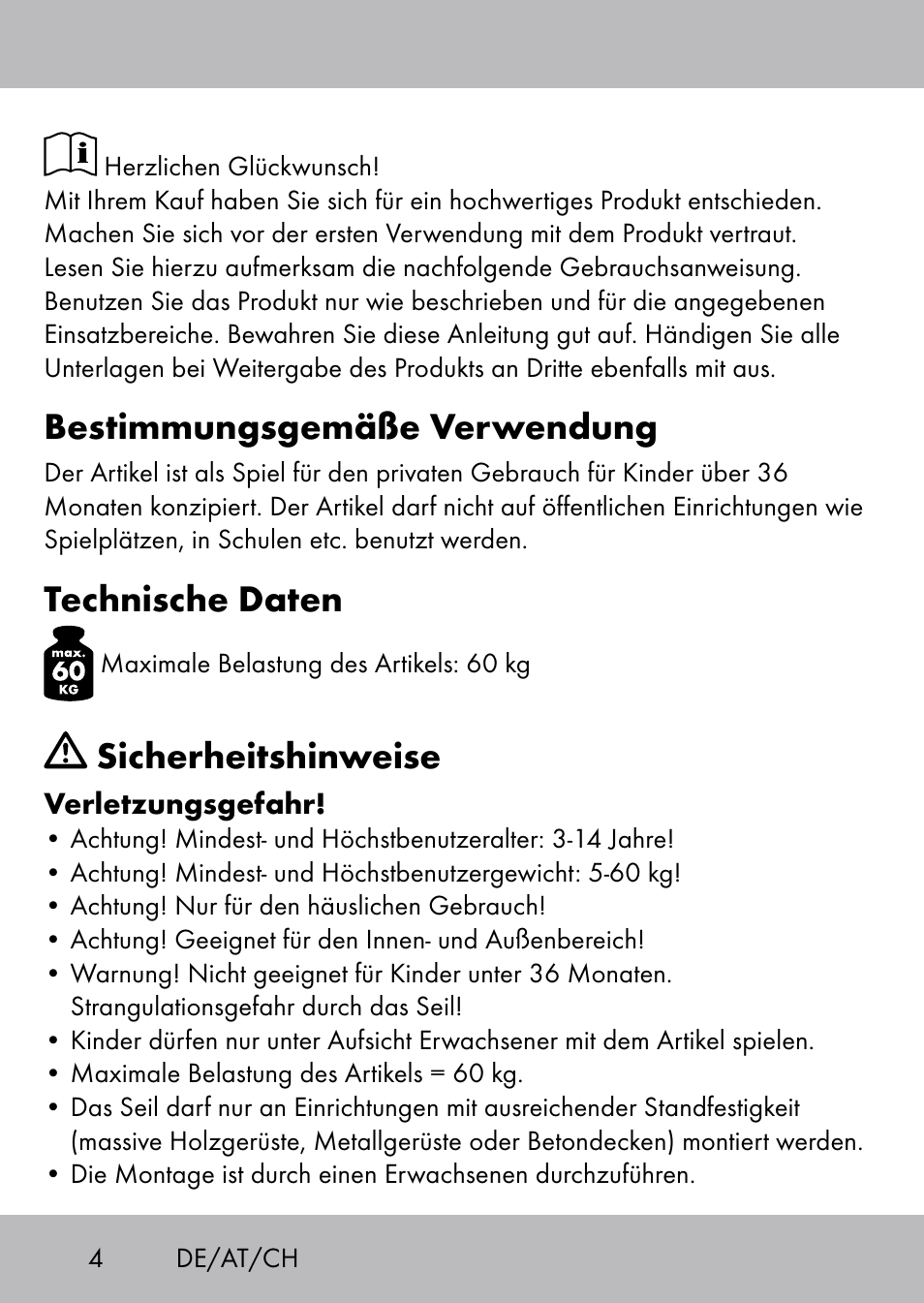 Bestimmungsgemäße verwendung, Technische daten, Sicherheitshinweise | Playtive Swing Kletterseil User Manual | Page 2 / 24