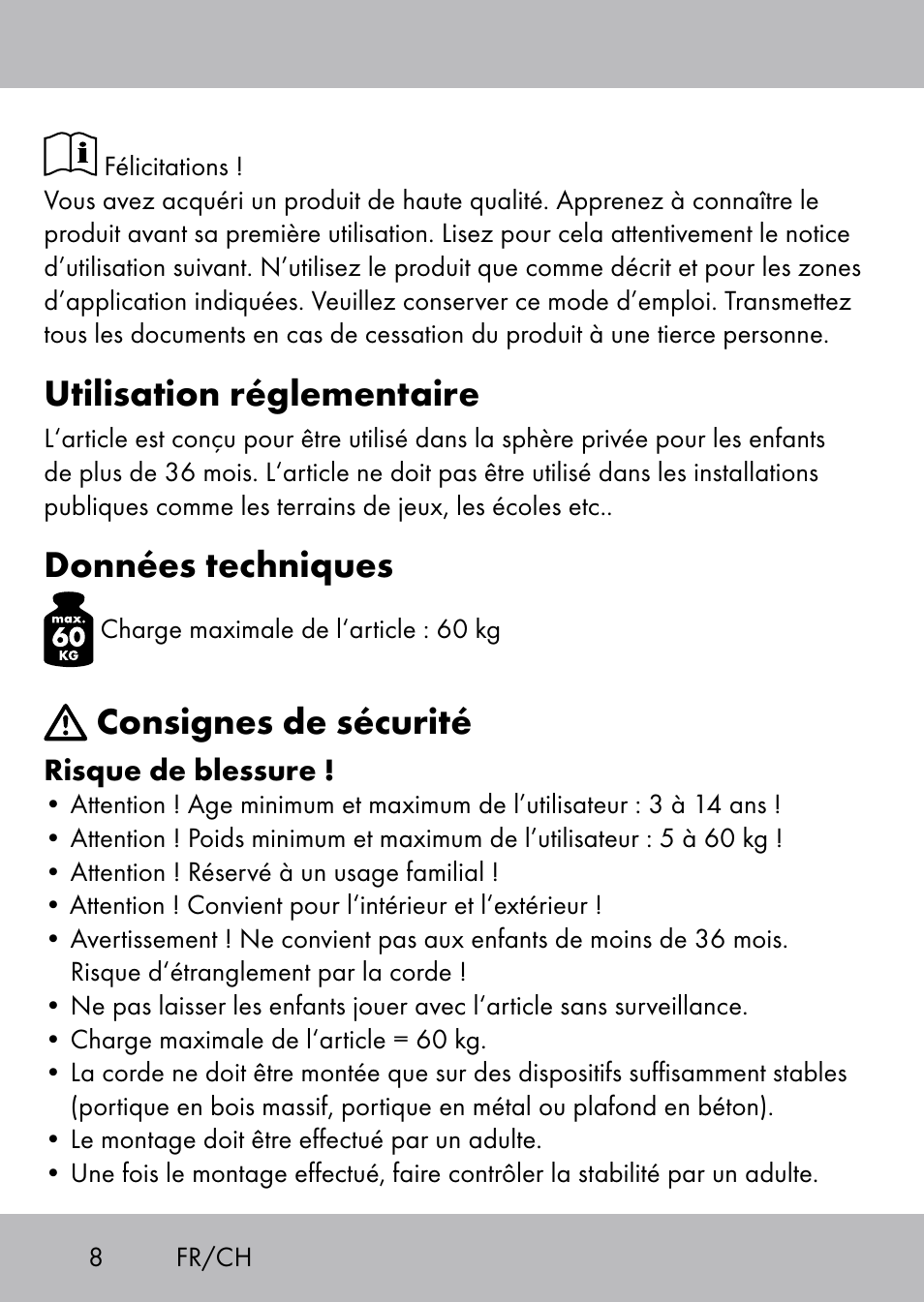 Utilisation réglementaire, Données techniques, Consignes de sécurité | Playtive Swing Kletterseil User Manual | Page 6 / 24