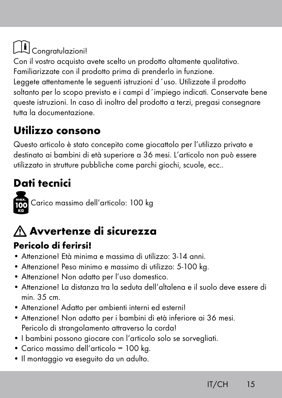 Utilizzo consono, Dati tecnici, Avvertenze di sicurezza | Playtive Swing Tellerschaukel User Manual | Page 13 / 28