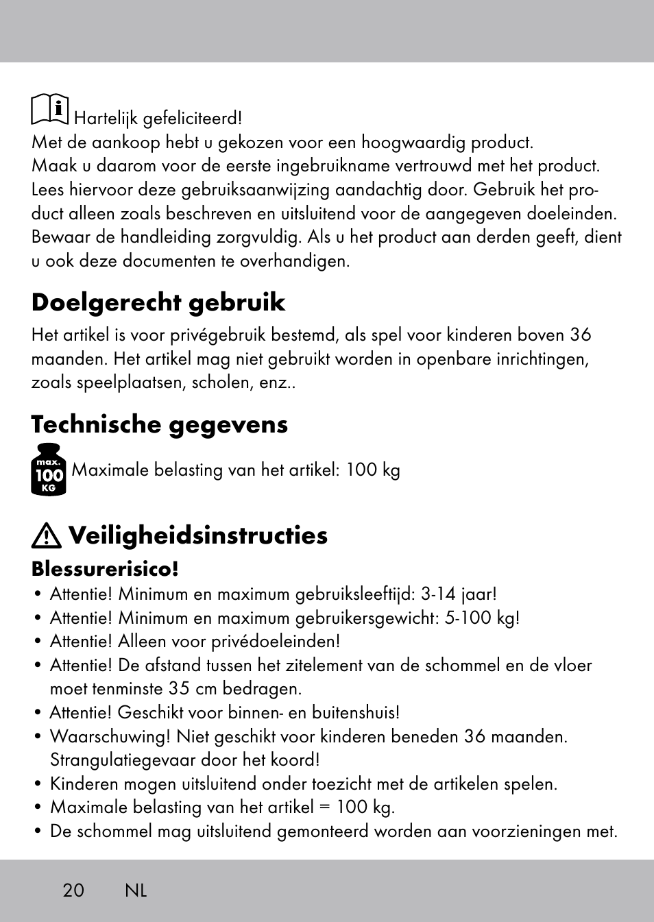 Doelgerecht gebruik, Technische gegevens, Veiligheidsinstructies | Playtive Swing Tellerschaukel User Manual | Page 18 / 28
