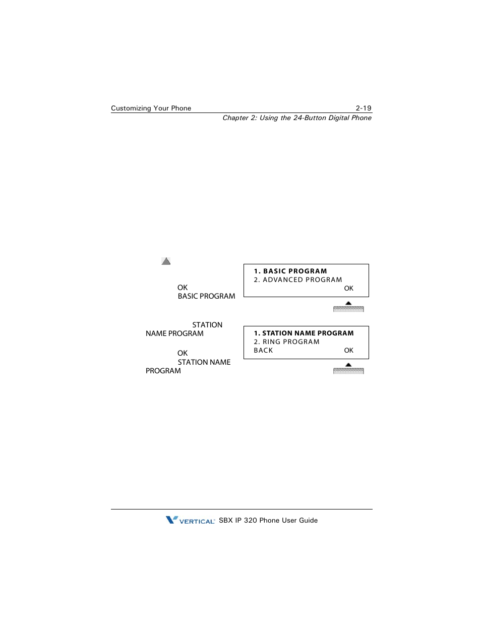 Customizing your phone, Station name programming, Customizing your phone -19 | Station name programming -19 | Vertical SBX IP 320 User Manual | Page 35 / 124