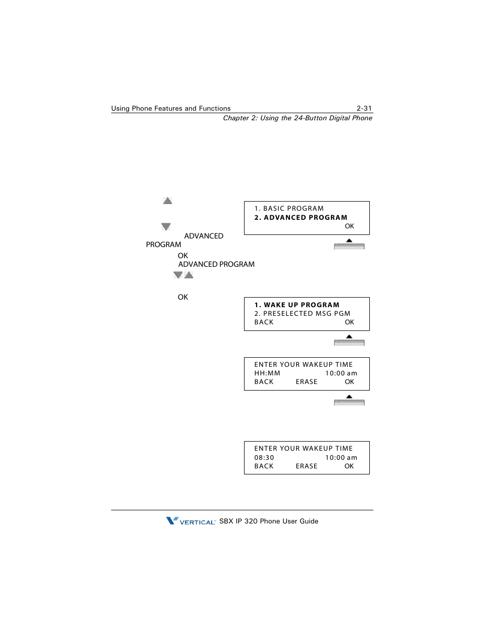 Using phone features and functions, Alarm (wake up program), Using phone features and functions -31 | Alarm (wake up program) -31 | Vertical SBX IP 320 User Manual | Page 47 / 124