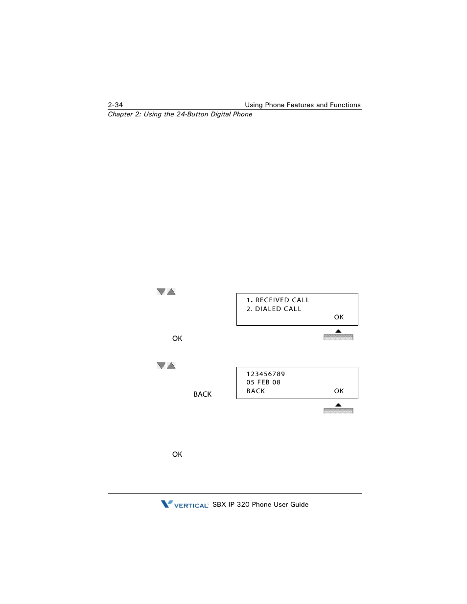 Call log, Using the received or dialed call list, Call log -34 | Vertical SBX IP 320 User Manual | Page 50 / 124