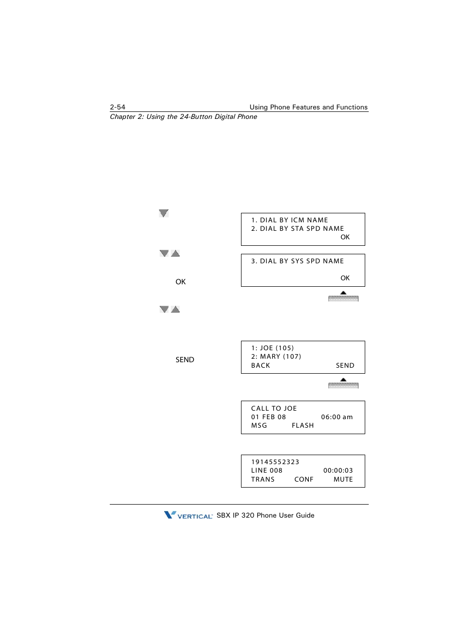 Phone book/dial by name, Using the phonebook for dialing, Phone book/dial by name -54 | Vertical SBX IP 320 User Manual | Page 70 / 124