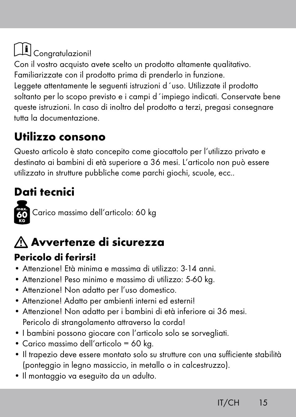 Utilizzo consono, Dati tecnici, Avvertenze di sicurezza | Playtive Swing Trapezschaukel User Manual | Page 13 / 28