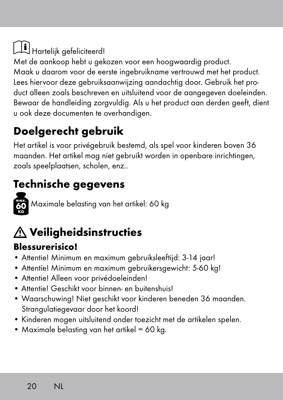 Doelgerecht gebruik, Technische gegevens, Veiligheidsinstructies | Playtive Swing Trapezschaukel User Manual | Page 18 / 28