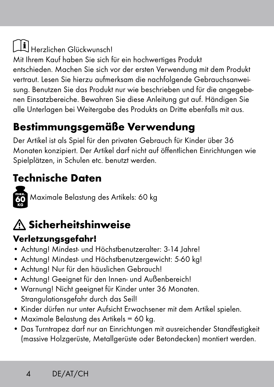 Bestimmungsgemäße verwendung, Technische daten, Sicherheitshinweise | Playtive Swing Trapezschaukel User Manual | Page 2 / 28