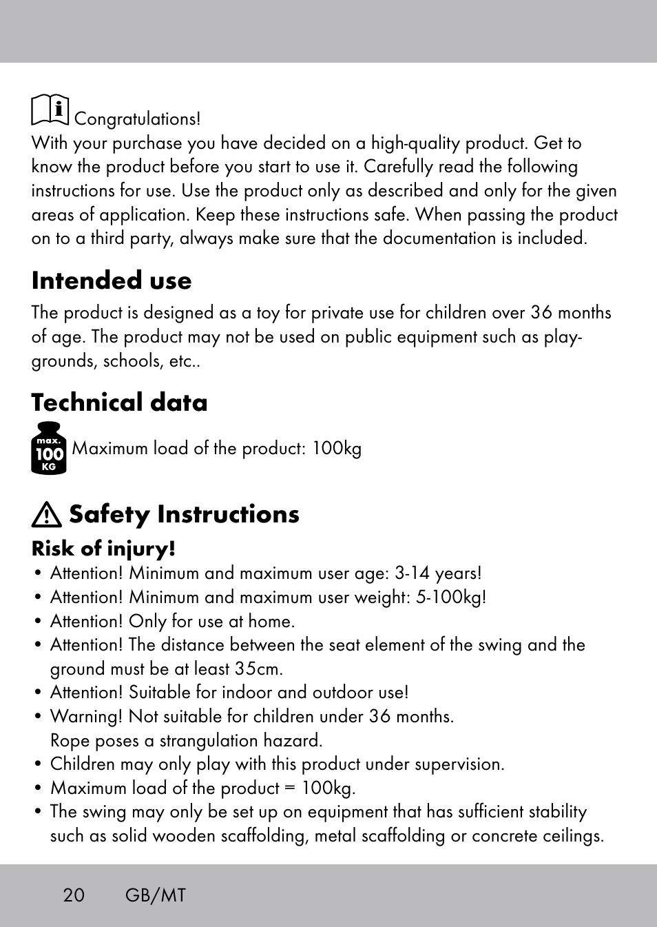 Intended use, Technical data, Safety instructions | Playtive Swing Brettschaukel User Manual | Page 18 / 28