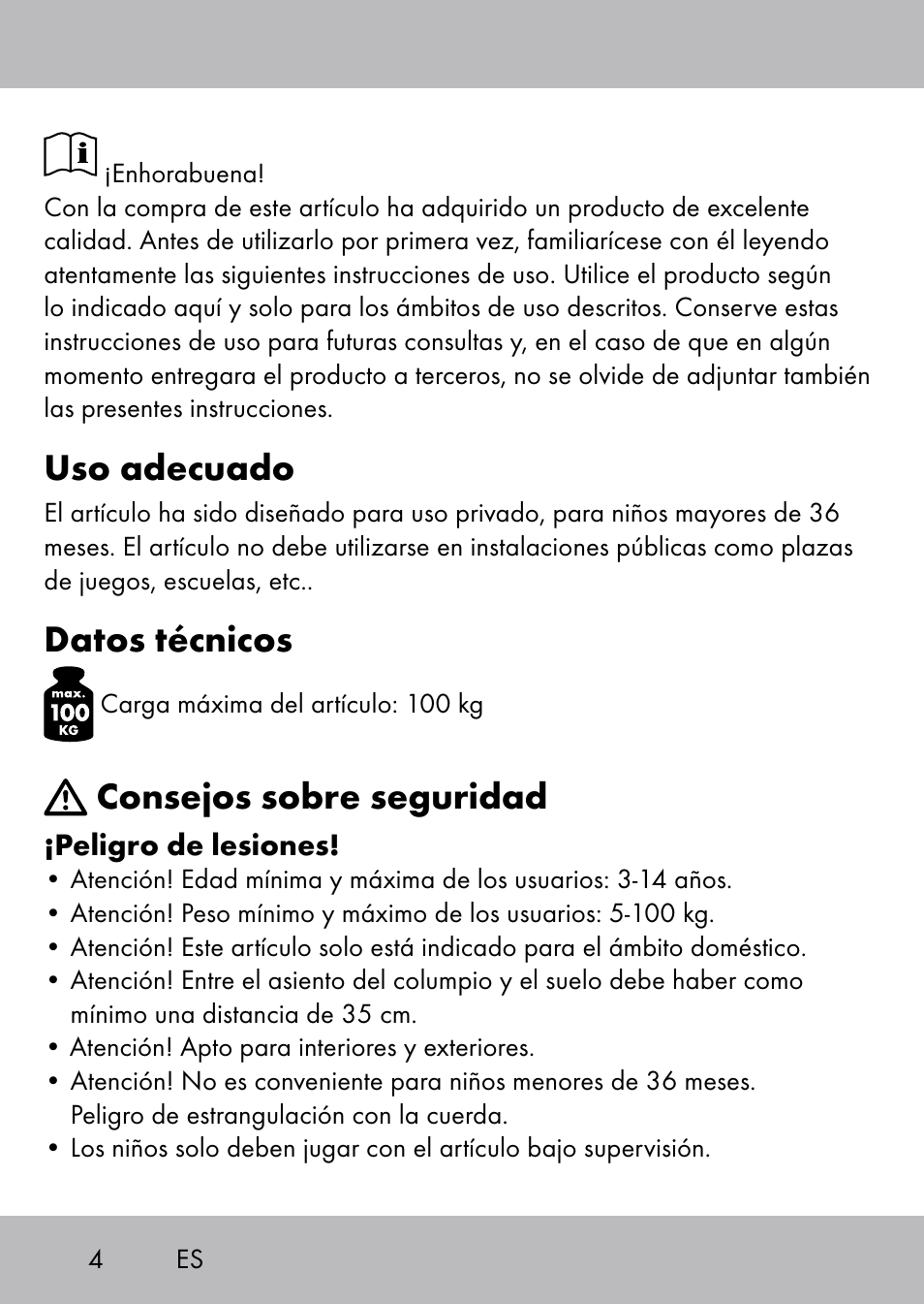 Uso adecuado, Datos técnicos, Consejos sobre seguridad | Playtive Swing Brettschaukel User Manual | Page 2 / 28