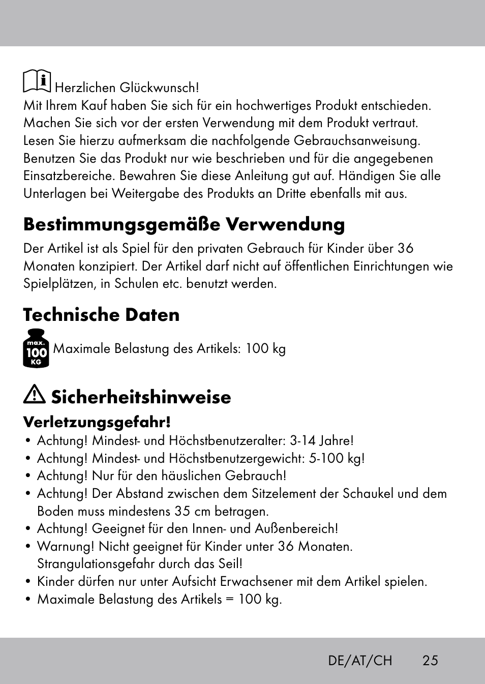 Bestimmungsgemäße verwendung, Technische daten, Sicherheitshinweise | Playtive Swing Brettschaukel User Manual | Page 23 / 28